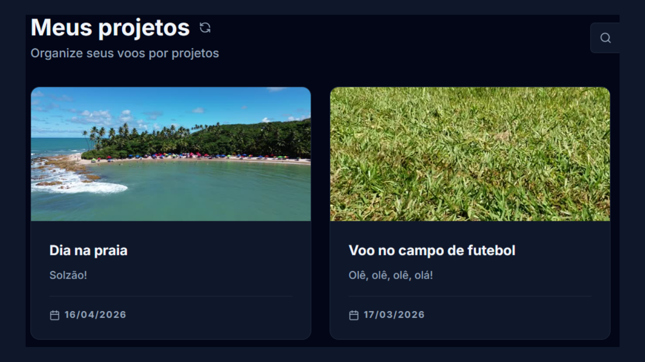 Biblioteca de vídeos com cards de arquivos de drone.