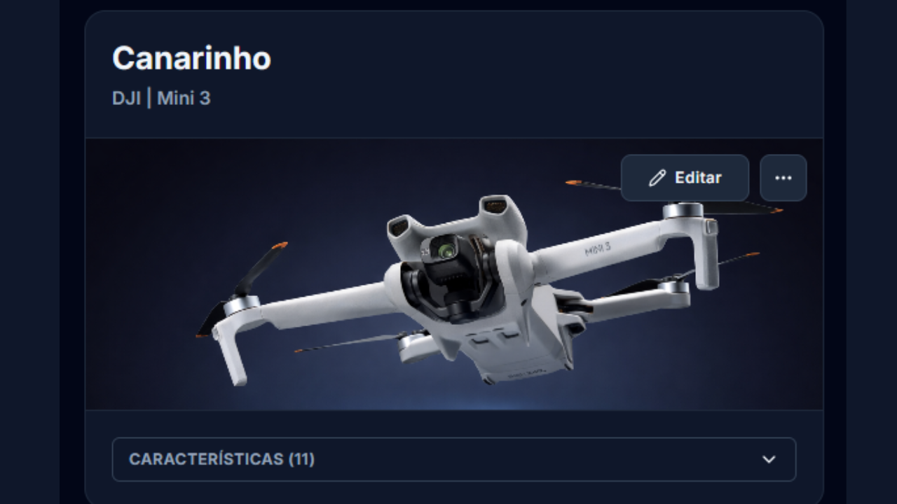 Cadastro de aeronave com informações técnicas do drone.